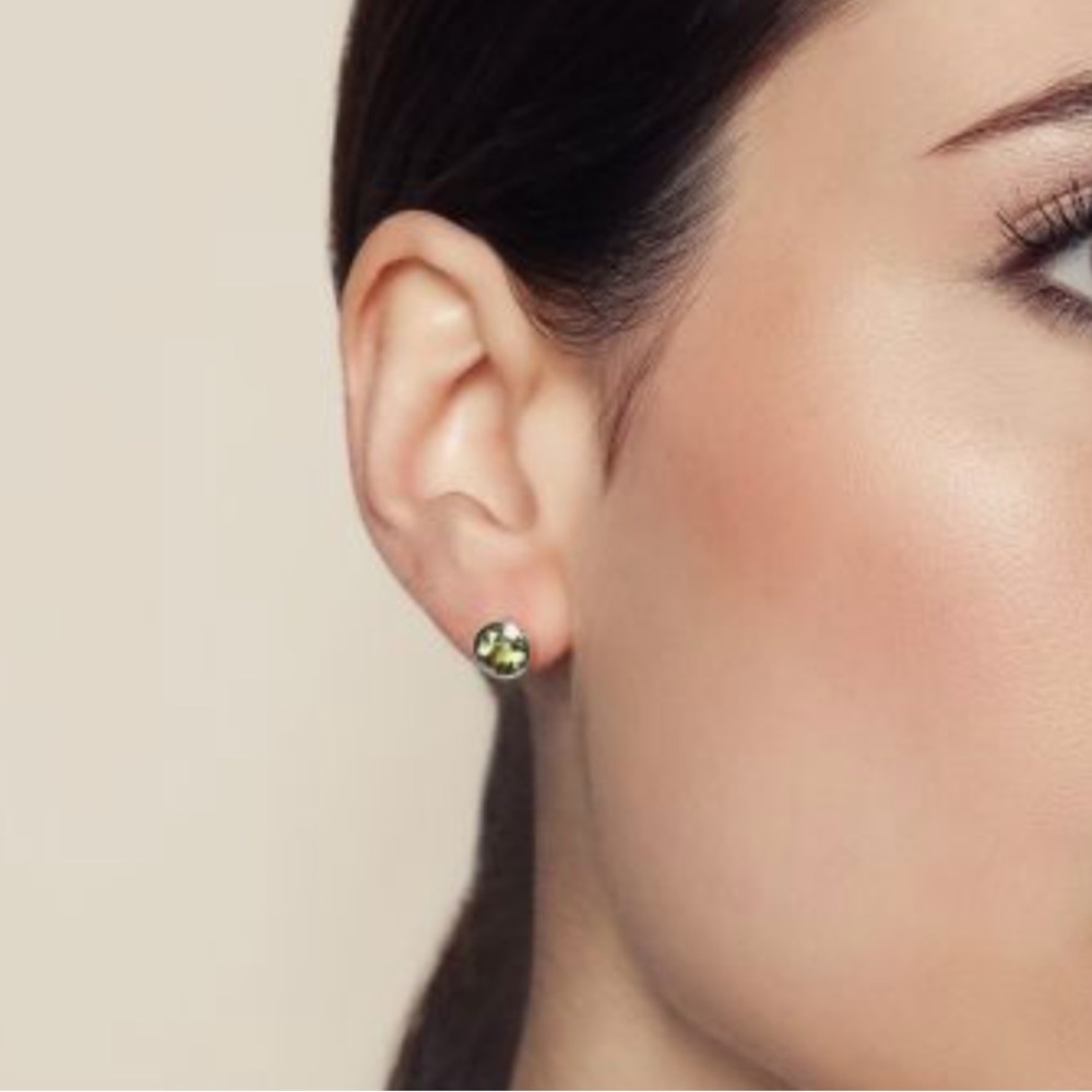 August Birthstone Peridot Green Crystal Bezel Stud Earrings